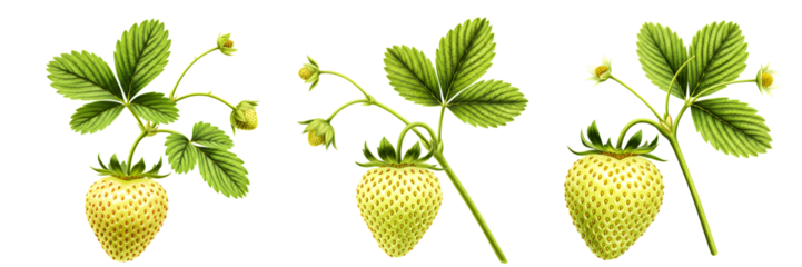 Unripe Green Strawberries with Leaves On Transparent Background

