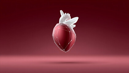 Low-poly anatomical heart model on red background