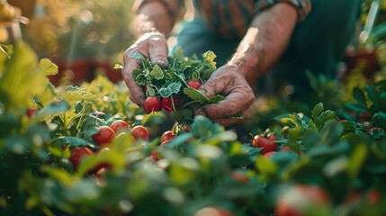 Closeup of a gardener's hands picking fresh produce from an organic vegetable garden, set against a beautiful home exterior