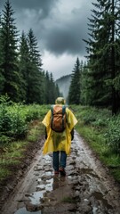 Obraz premium Hiker in yellow raincoat walking through muddy forest trail during cloudy weather