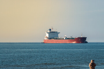 Crude oil tanker at sea approaching port. In the Baltic Sea