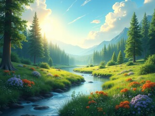 serene landscape celebrating International Mother Earth Day, featuring lush green forests, a flowing river, and vibrant wildflowers under a clear blue sky