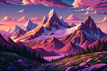 swiss alps mountains in the summer at sunset time, cartoon design Flat style illustration vector, peaks landscape