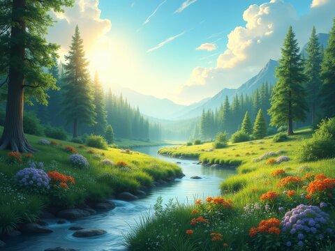 serene landscape celebrating International Mother Earth Day, featuring lush green forests, a flowing river, and vibrant wildflowers under a clear blue sky