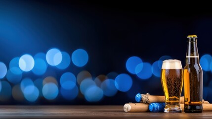 A refreshing pint of beer sits beside a bottle on a dark wooden table with blurred blue bokeh lights and nautical rope details creating a festive and inviting atmosphere.