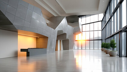 Modern lobby with geometric grey walls, sunset view, and polished floors