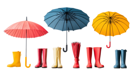 Colorful rain boots and umbrellas arranged in a playful display, perfect for a cheerful outdoor scene in rainy weather