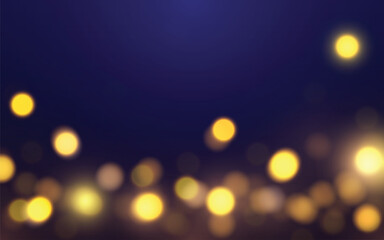 Golden Bokeh Lights on Midnight Blue. Soft Glow Abstract Background for Night Mood. Background decoration