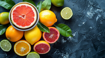 Slices of citrus fruits on cutting board, on blue background. Flat lay, top view
