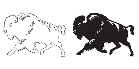 Running bison in minimalist vector form – energetic silhouette design for outdoor branding – bison silhouette – bison vector – bison illustration – minimalist bison outline – bison line art   © Naseem