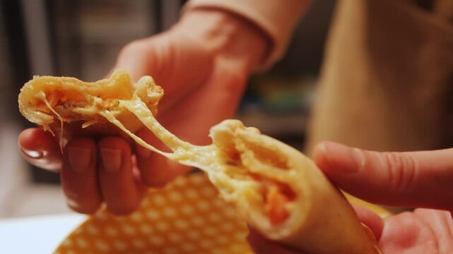 Woman eating empanadas argetinian pie, Samosa tart, traditional bakery from argentina, chef filling dough in home with meat and vegetables, homemade spanish empanadas