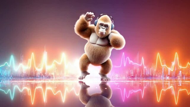 A dancing cartoon gorilla in neon lights dancing cartoon gorilla with headphones and a dancing cartoon gorilla on a city music beat background &ndash; perfect for entertainment or animated party design.
