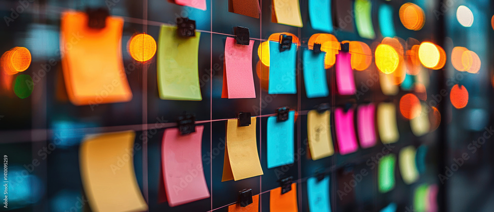 Poster colorful sticky notes on a board creating an abstract background with blurred lights in a modern off