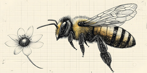 Detailed bee and flower drawing