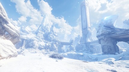 Fototapeta premium Frozen Fantasy Landscape: A Breathtaking Winter Wonderland with Ancient Ruins