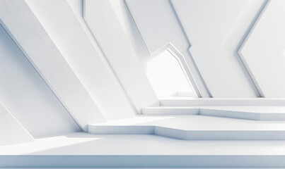 Fototapeta premium Futuristic White Geometric 3D Structure in Abstract Tech Background, Minimalist Modern Design with Clean Lines and Simple Forms for Architecture and Technology Concepts