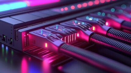 A futuristic server setup featuring glowing cables and connectors, showcasing advanced technology and vibrant lighting in a digital environment.