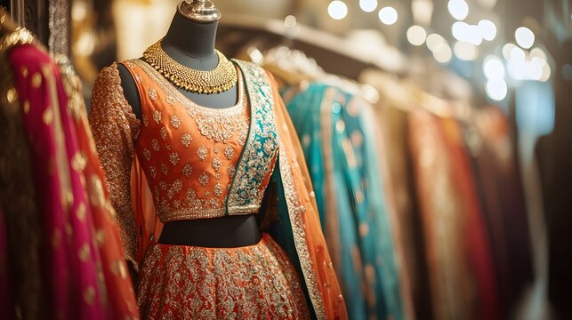 3D fashion display of traditional Indian outfits, mannequin in vintage boutique, soft ambient light,