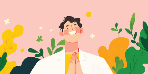 A cheerful man, radiating positivity and serenity, embodies the essence of mental well-being. Surrounded by soft, organic shapes, the image illustrates inner peace and self-assurance.