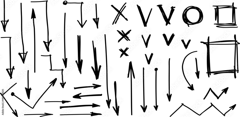 Fototapete hand drawn arrows, text underline strokes, emphasis marks, highlights. set of sketches of arrows, el