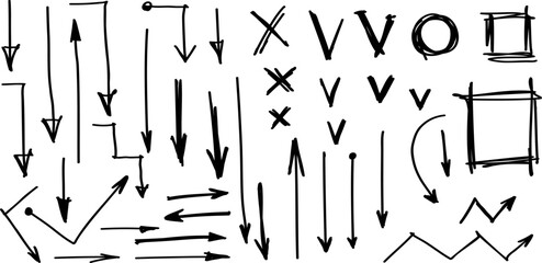 Hand drawn arrows, text underline strokes, emphasis marks, highlights. Set of Sketches of arrows, ellipse, rectangle, oval and mark. Collection of vector doodle elements and shapes for notes