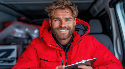 Delivery driver with clipboard conveys professionalism in logistics while working in a delivery van during daylight hours