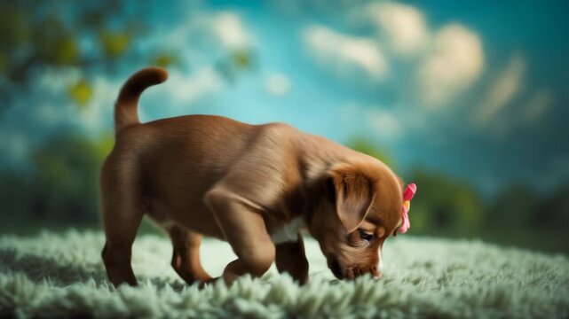 Charming and lovable puppy sitting on a soft rug with trees, sky, and clouds in the background on a bright sunny day. Close-up. Pet care theme.