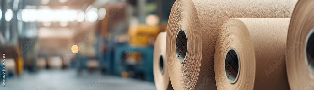 Poster a close-up view of large rolls of paper in a factory setting, emphasizing the industrial environment