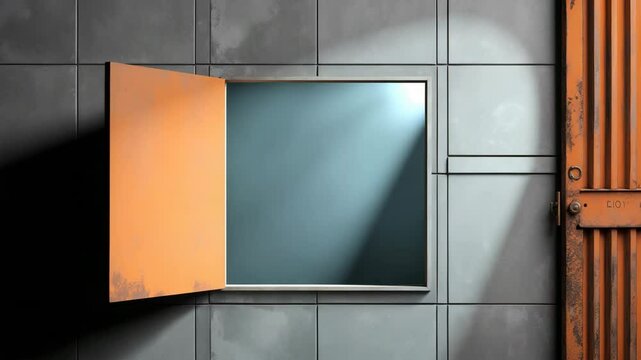 Blank signboard with black empty space, ideal for logo mockups and advertising, showcasing a rusted orange iron door on the right.