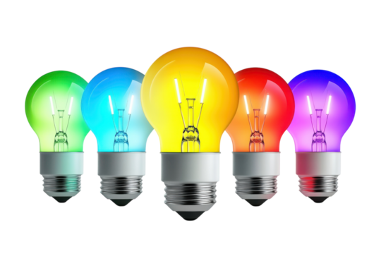 Vibrant rainbow light bulbs glowing brightly against a black background showcasing creativity and on transparent background