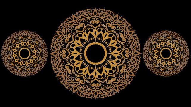 golden ornament on black background. Folk luxury animation. For yoga, design. Golden purple abstract flowers loop. Mandala Animation,Royal background with mandala animation. Islamic animated video