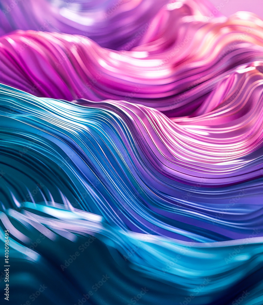 Poster vibrant abstract 3d waves with purple and turquoise hues, fluid and dynamic digital background for m