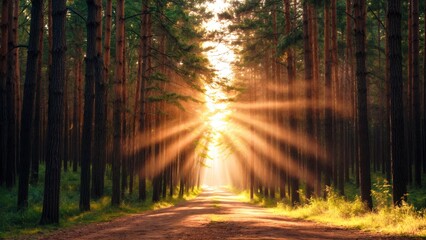 Obraz premium Sunbeams Filtering Through Pine Trees on Quiet Forest Path