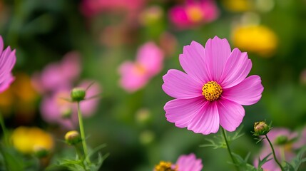 Fototapeta premium 風にそよぐ可憐なピンクのコスモス