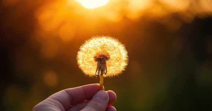 Hand holding dandelion seed head at sunset
