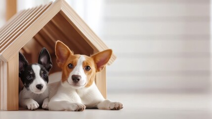 Two adorable small mixed breed puppies relax together inside a stylish light wood dog house in a bright modern home.