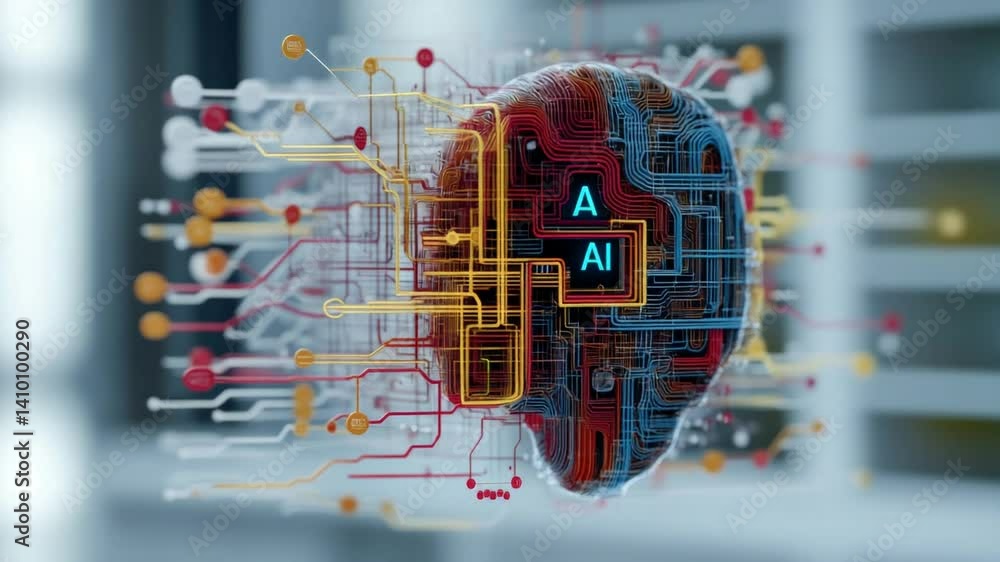 Aufkleber ai-powered mind: a mesmerizing 3d render of a human brain, intricately interwoven with circuits and 