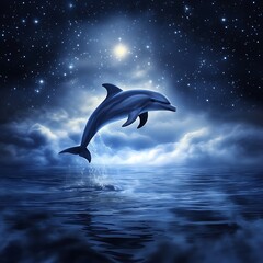 Beautiful dolphin jumping in the moonlit ocean at night