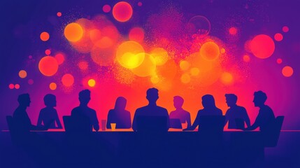 Silhouetted Figures in a Vibrant Meeting Scene with Colorful Bokeh Background and Intense Light Reflections