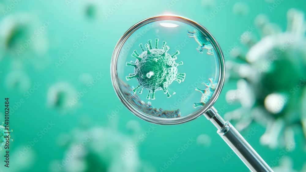Aufkleber close-up view of magnifying glass focusing on virus structure in teal background