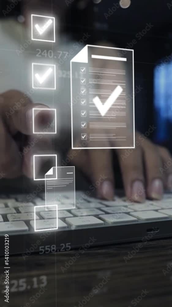 Aufkleber document management concept, businesswomen check electronic documents on digital documents on virtua