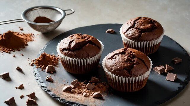 Delectable chocolate muffins and a cocoa powder sifter on a light-colored tabletop