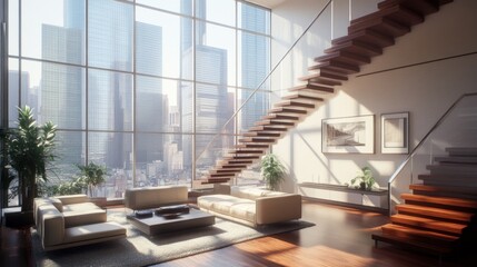Fototapeta premium Modern City Penthouse Living Room with Stunning Panoramic View