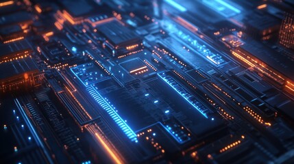 Intricate digital circuit board with glowing neon lines.
