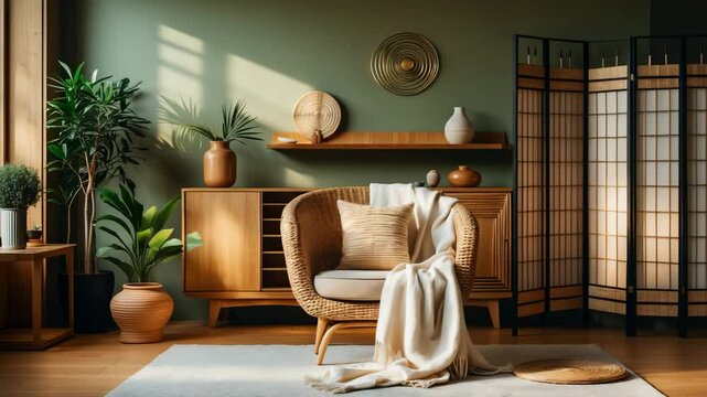 Stylish living room featuring a wicker armchair, cozy blanket, console table, and folding screen