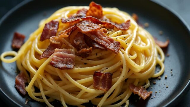 Tasty spaghetti carbonara, a classic dish of pasta featuring egg, guanciale, pecorino, and black pepper.