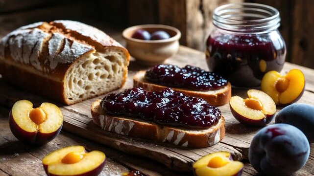 Homemade bread served with fresh ripe plums for breakfast.