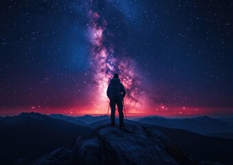 Fototapeta premium Person Silhouette Stargazing the Galactic Sky on Mountain Peak Pixelated Style