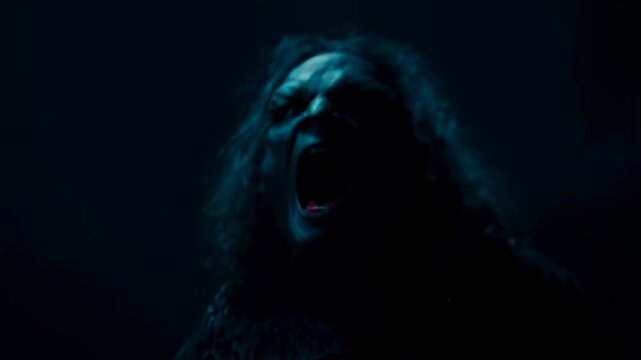 Creepy nightmare screamer: ghostly demon emergence in dark haunted corridor