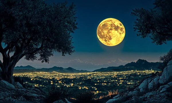 Nighttime landscape with full moon, trees, and mountains.